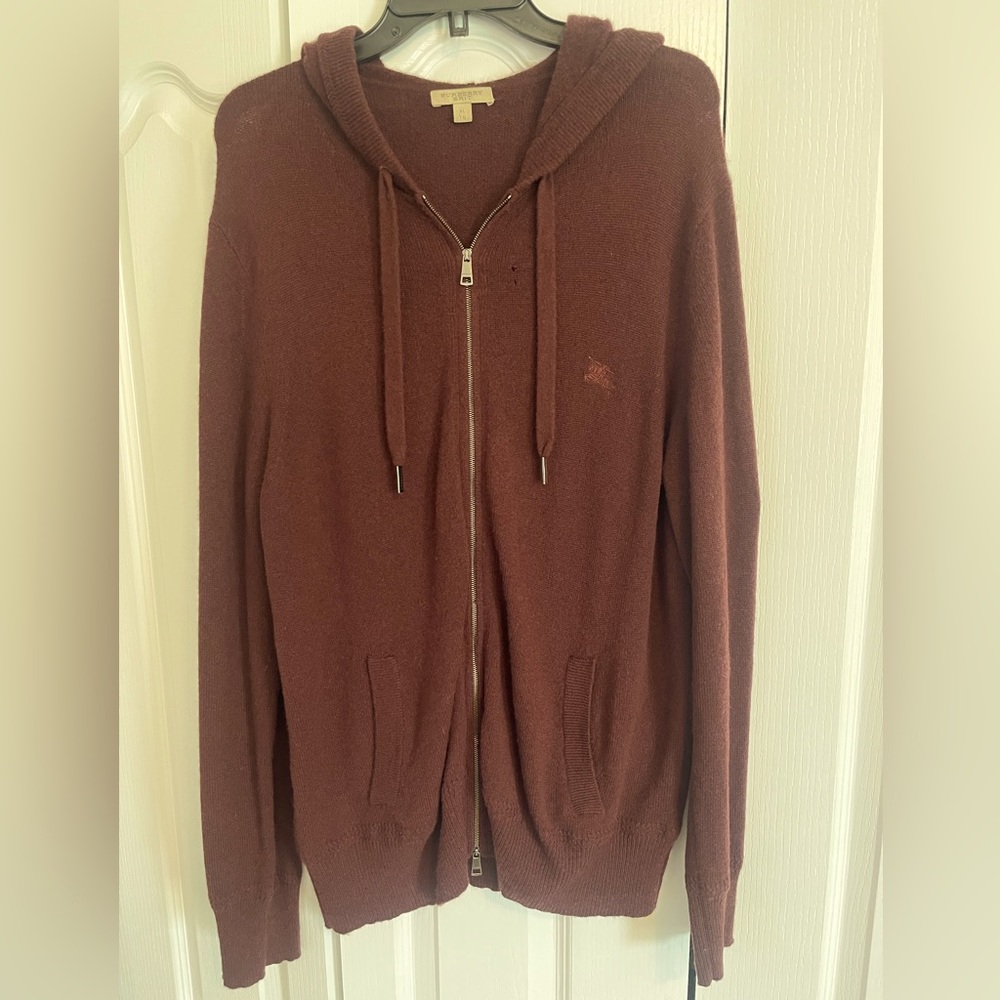 Cozy, comfortable, Burberry front zip, hooded cashmere sweater, size XL.